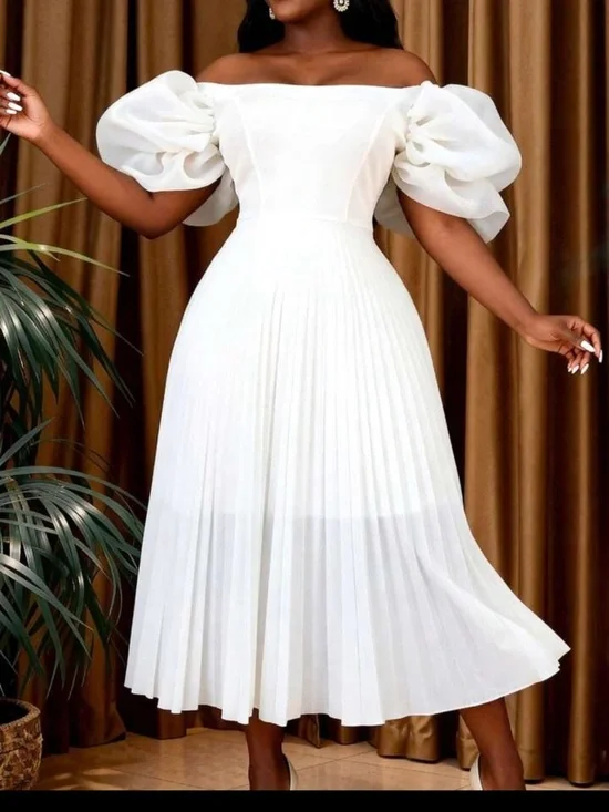 Off-Shoulder White Pleated Midi Dress with Statement Puff Sleeves - Picture 1 of 7